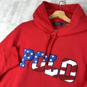 Polo Ralph Lauren American USA Flag Fleece Graphic Logo Hoodie Red Mens L Casual